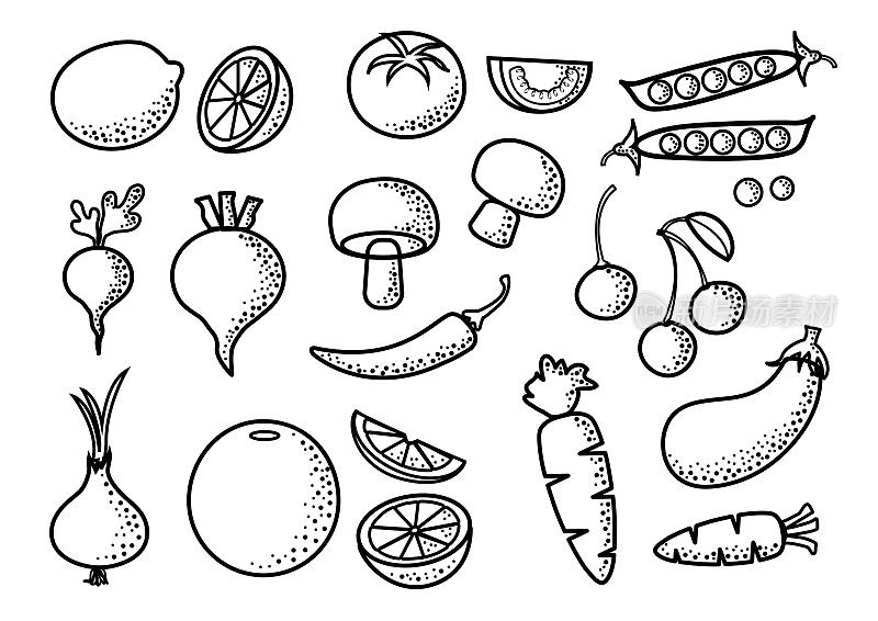 Black outline, set of vegetables and fruits, vector illustration